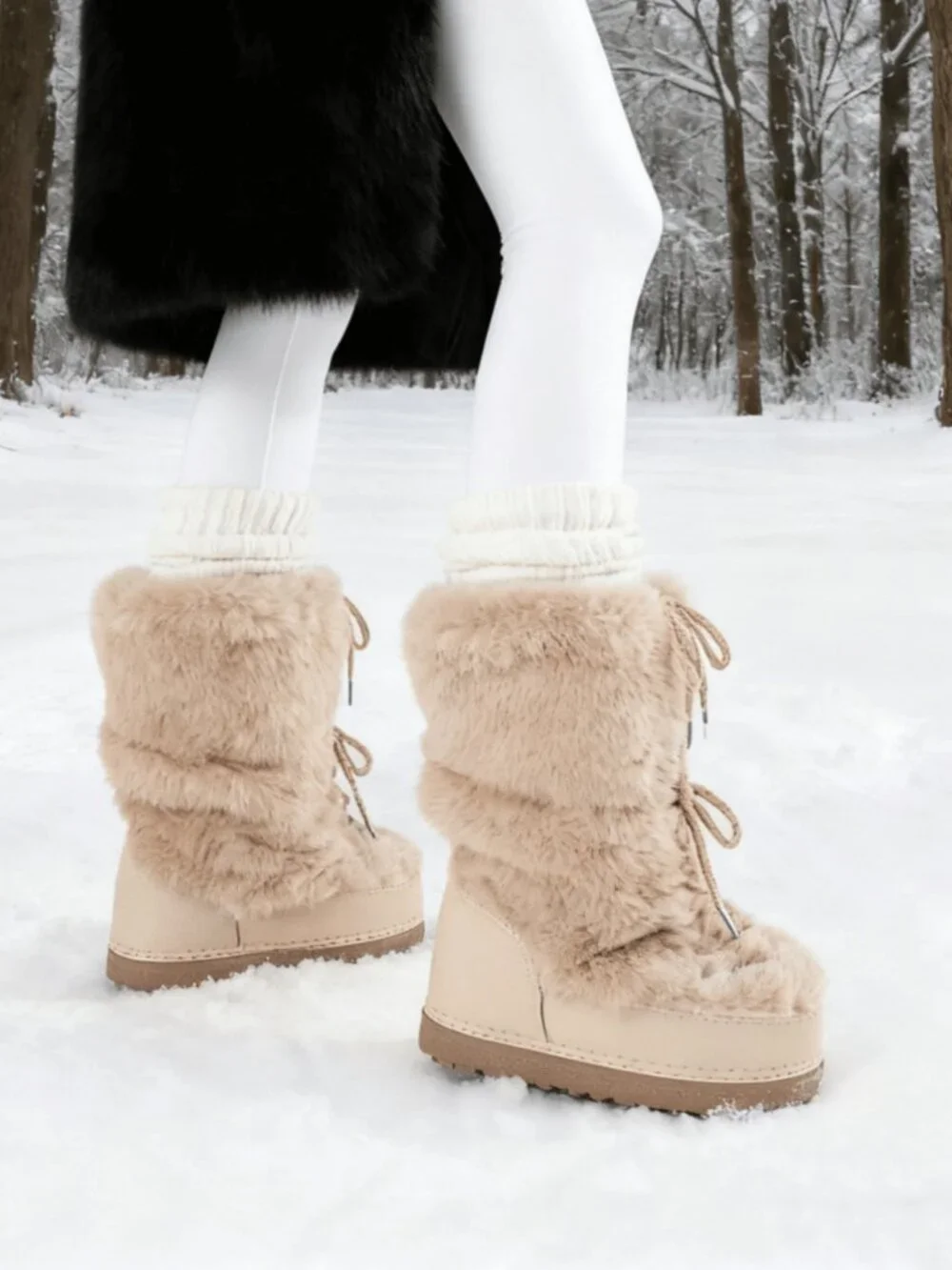 Apricot Cute Women's Lace-Up Fuzzy Fluffy Round Toe Platform Slip On Snow Boots